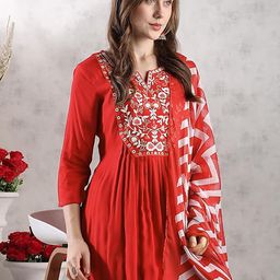 BAESD Floral Yoke Design Thread Work Kurta With Trousers & Dupatta image 5
