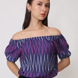 ENTELLUS Geometric Print Off-Shoulder Puff Sleeve Cotton Bardot Top-picture-17