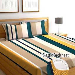 Myntra Elegant Homes Green & Yellow Striped 300TC Fitted King Bedsheet Set 1.98m x 1.82m-image-89