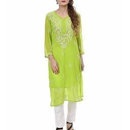 BEAUTY CHIKAN HANDICRAFTS Floral Embroidered V-Neck Mirror Work Georgette Kurta-image-82
