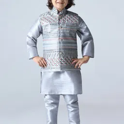 TAHVO Boys Embroidered Layered Thread Work Dupion Silk Kurta with Salwar-picture-9