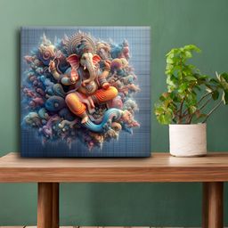 Olive Tree Blue & Orange Ganesh Religious Canvas Wall Art-image-97