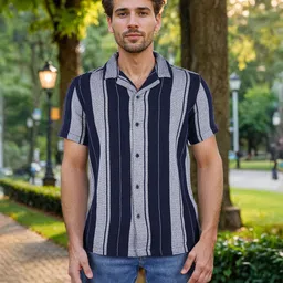 Celio Men Classic Regular Fit Vertical Striped Cuban Collar Cotton Casual Shirt-image-99