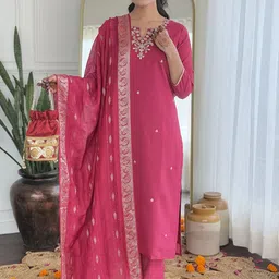 KALINI Floral Embroidered Thread Work Straight Kurta With Trousers And Dupatta-35