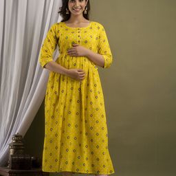 Moda Rapido Geometric Printed Round Neck Pure Cotton Maternity A-Line Ethnic Dress-image-1