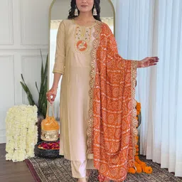 KALINI Gotta Patti Embroidered Round Neck Straight Kurta With Trousers & Dupatta-image-43