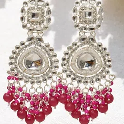 MEIRA JEWELLERY Silver Plated Kundan Stones Studded & Pearls Beaded Teardrop Drop Earrings image 2