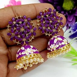 Glamgem Gold-Plated Artificial Stones Studded And Pearls Beaded Dome Shaped Jhumkas-image-97
