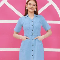 PUELLA Women Shirt Collar Denim A-Line Dress-picture-15