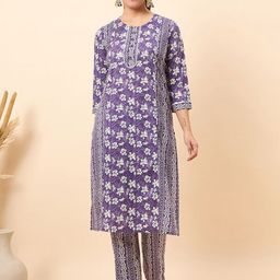 Anouk Purple And white Floral Printed V-Neck Pure Cotton Kurta With Trouser-43