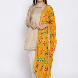 WEAVERS VILLA Yellow Phulkari Embroidered Dupatta-picture-0