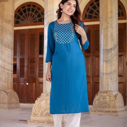 Yufta Women Teal Yoke Design Mirror Work Kurta-image-38