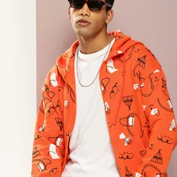 Kook N Keech Pure Cotton Printed Hooded Open Front Oversized Sweatshirt-picture-16