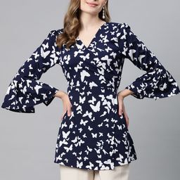 Cottinfab Conversational Print Bell Sleeve Crepe Wrap Longline Top-26