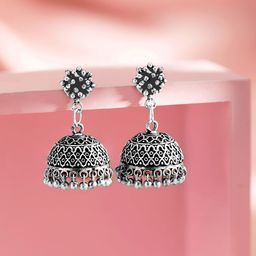 Rubans Oxidised Silver-Plated Traditional Jhumka Earrings-29