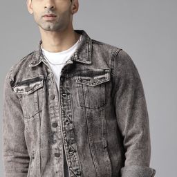 The Roadster Lifestyle Co Men Charcoal Grey Washed Denim Jacket-picture-37