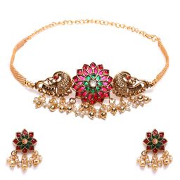 StileAdda Gold Plated Floral Choker With Earrings Set-image-77