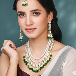 Peora Gold-Plated Stone-Studded & Beaded Jewellery Set-image-9