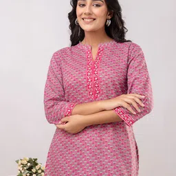 Kohsh Women Floral Printed Mandarin Collar Cotton Top-image-24