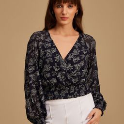 Kazo Blue & White Floral Printed Smocked Wrap Crop Top-49