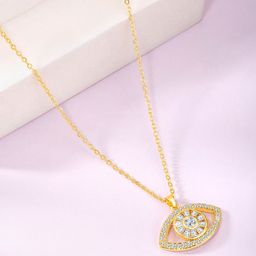 Peora Gold-Plated CZ-Studded Eye Shape Pendant With Chain-image-92