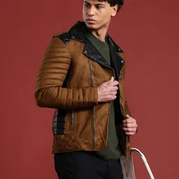 Leather Retail Contrast Collar Suede Biker Jacket with Quilted Detail-picture-12