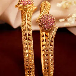 Rubans Set Of 2 Gold-Plated Red Emrald Studded Bangles-7