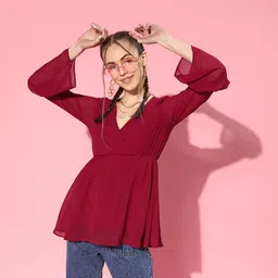 SASSAFRAS Women Maroon Solid Wrap Top-image-68