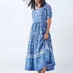 Bombay Paisley by Westside Blue Floral Pattern Cotton A-Line Dress-picture-18