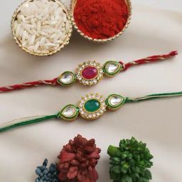 eCraftIndia Set of 2 Red & Green Kundan Rakhis, with Sibling Agreement & Roli Chawal Pack-image-50