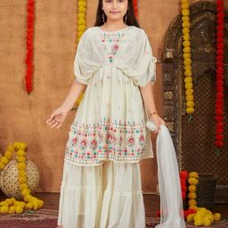 Aarika Kids Cream Embroidered Kurta, Sharara with Dupatta-image-22