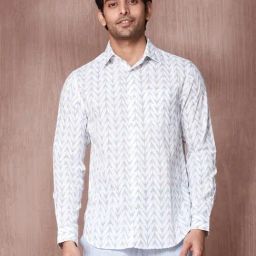Fabindia White-Blue Cotton Slim Fit Printed Shirt-image-75