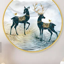 SAF Premium Blue And White Golden Frame Couple Deer Printed Wall Art-image-23