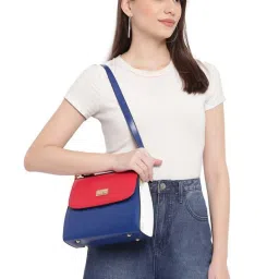 KLEIO Blue & Red Color Block Medium Satchel Handbag image 2