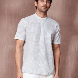 Fabindia White & Blue Cotton Comfort Fit Striped Shirt-image-3