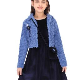 Cutecumber Kids Navy Solid Dress, Shrug with Sling Bag-image-45