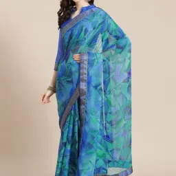 Satrani Blue Printed Saree With Unstitched Blouse-image-79