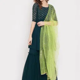 PANIT Green Embellished Kurta With Sharara & Dupatta Set-image-29