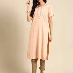 SHOWOFF Peach Embellished Straight Kurta-image-33