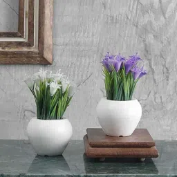 Foliyaj White & Purple Plastic Artificial Mini Lily Plant With Thin Long Leaves - Set of 2-7