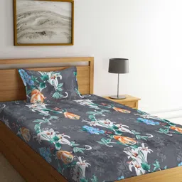 Myntra Elegant Homes Charcoal & Blue Printed 300 TC Single Bedsheet Set 2.20 m x 1.50 m-image-77