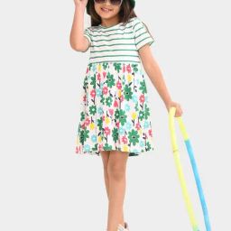 Bonkids Girls Floral Printed Round Neck Cotton Fit & Flare Dress-image-3