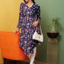 Globus Navy Cotton Floral Print High Low Kurta-picture-12