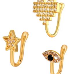 OOMPH Combo of 3 GoldCubic Zirconia Star, Heart, Evil Eye Shape Nose Pin image 2
