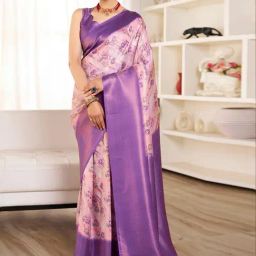 Satrani Pink & Purple Silk Floral Print Saree With Unstitched Blouse-image-46