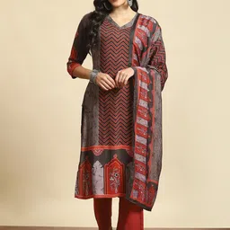 Shree Chevron Printed V Neck Liva Straight Kurta & Trousers With Dupatta-image-7
