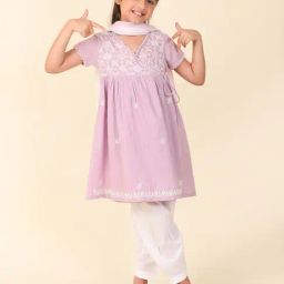 Fabindia Kids Lavender & White Embroidered Kurta, Salwar With Dupatta-image-89
