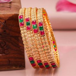 Rubans Set of 4 18K Gold-Plated Ruby Emerald Stone Studded Traditional Bangles image 2