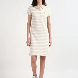 TOMMY HILFIGER Beige & White Cotton Striped T Shirt Dress-image-98
