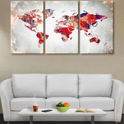 999Store Grey & Red Classical World Map Art 3 Frame Canvas Paintings image 1